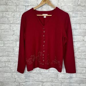 Christopher & Banks Cardigan Sweater Medium Red Novelty Dog Embroidered Y2K‎ 90s
